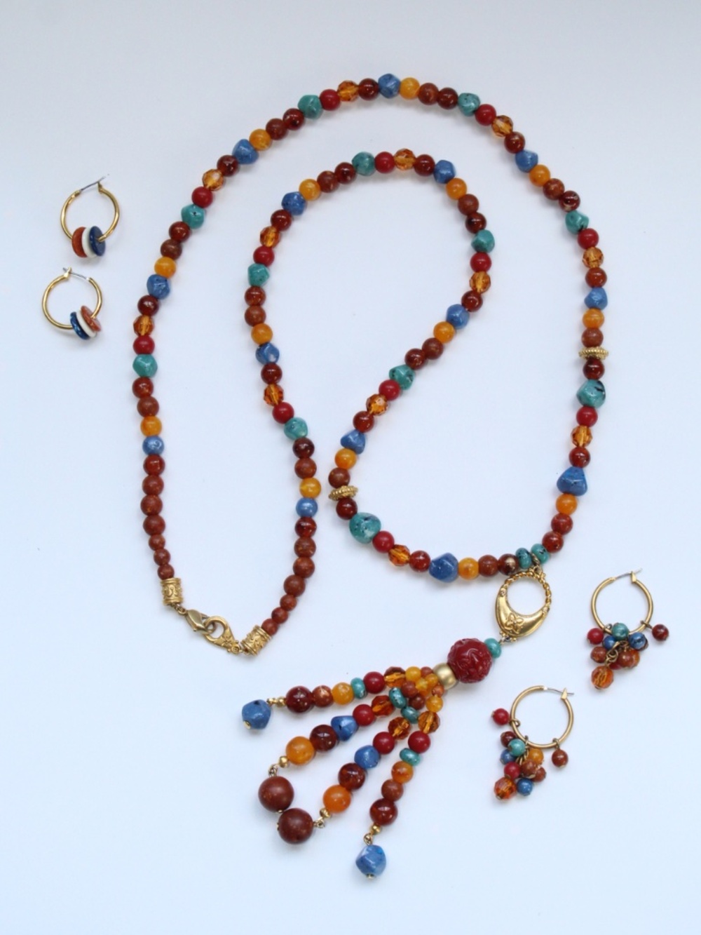 Liz Claiborne Vintage Boho Beaded Tassel Necklace with 2 Sets of Earrings